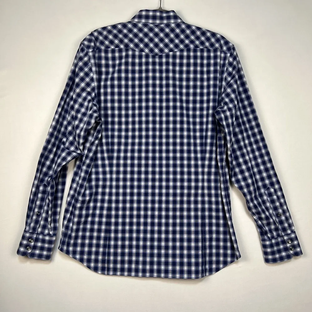 BANANA REPUBLIC Mens Blue Plaid Button Up Shirt L Slim Fit Pearl Buttons Pocket‎